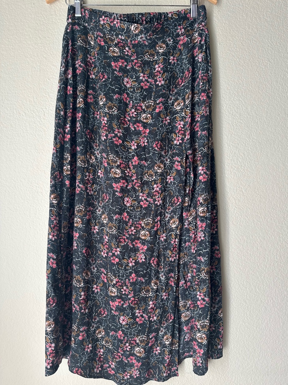 saltwater LUXE Black Maxi Skirt with Pink and Brown Floral Pattern